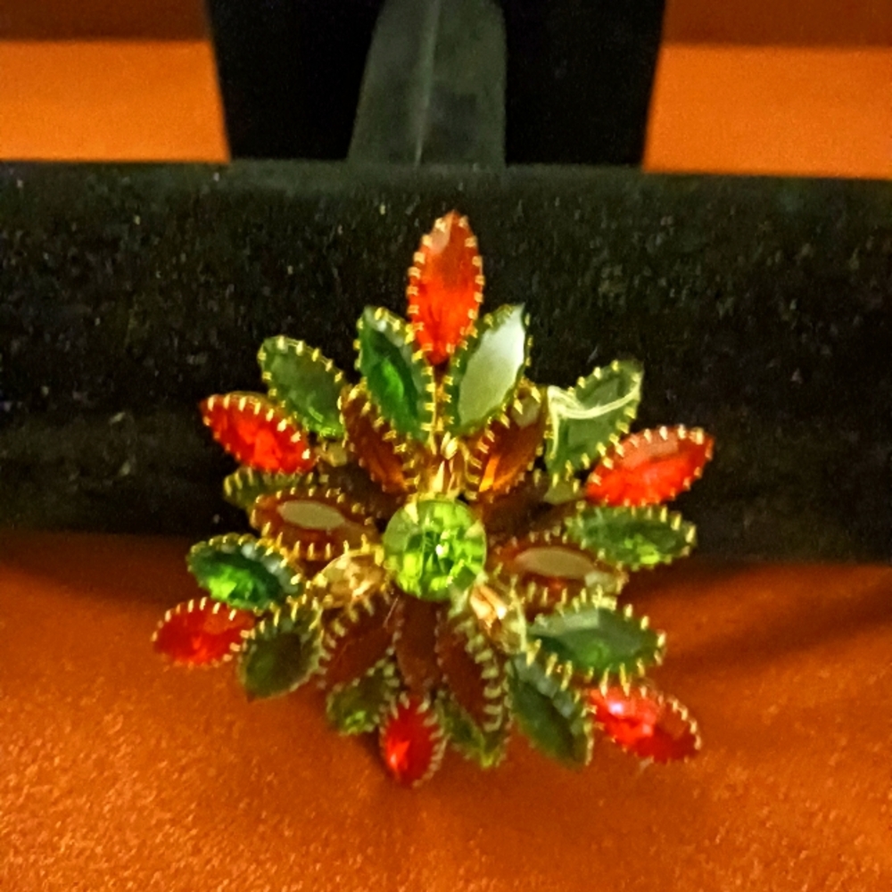 Vintage Elegant Green and Red Floral Brooch